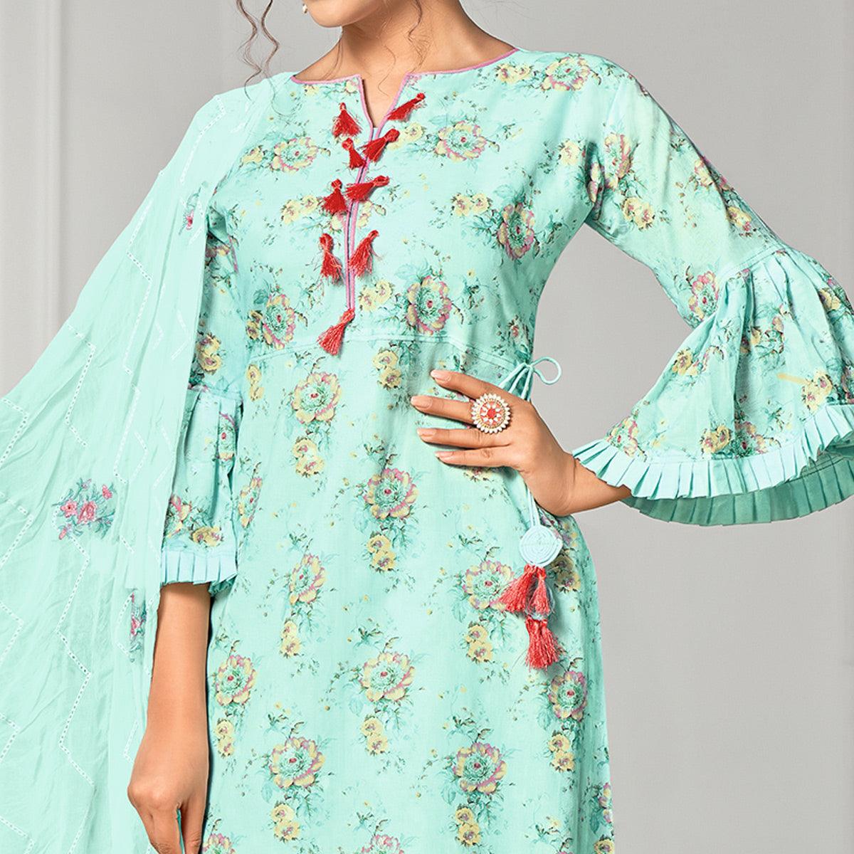 Glorious Aqua Blue Colored Casual Wear Digital Printed Cotton Dress Material
