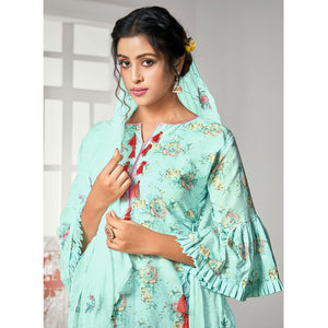 Glorious Aqua Blue Colored Casual Wear Digital Printed Cotton Dress Material