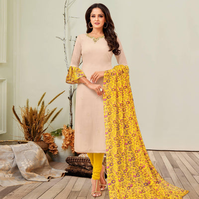 Glorious Beige Colored Casual Wear Embroidered Chanderi Dress Material