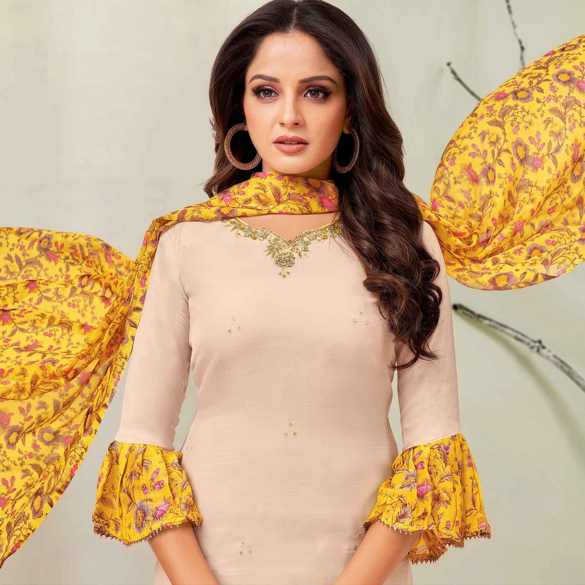 Glorious Beige Colored Casual Wear Embroidered Chanderi Dress Material