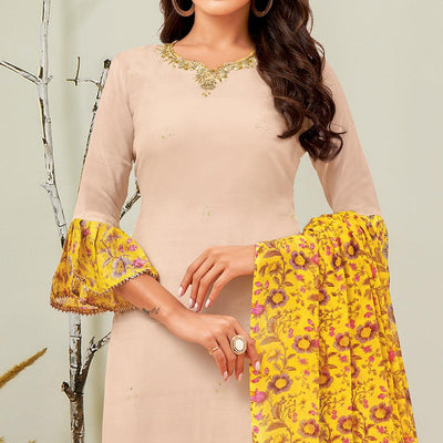 Glorious Beige Colored Casual Wear Embroidered Chanderi Dress Material