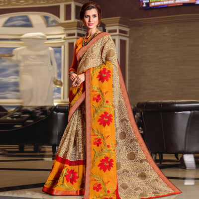 Glorious Beige - Yellow Colored Partywear Embroidered Silk Saree
