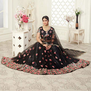 Glorious Black Colored Wedding Wear Thread Embroidered Heavy Net Lehenga Choli