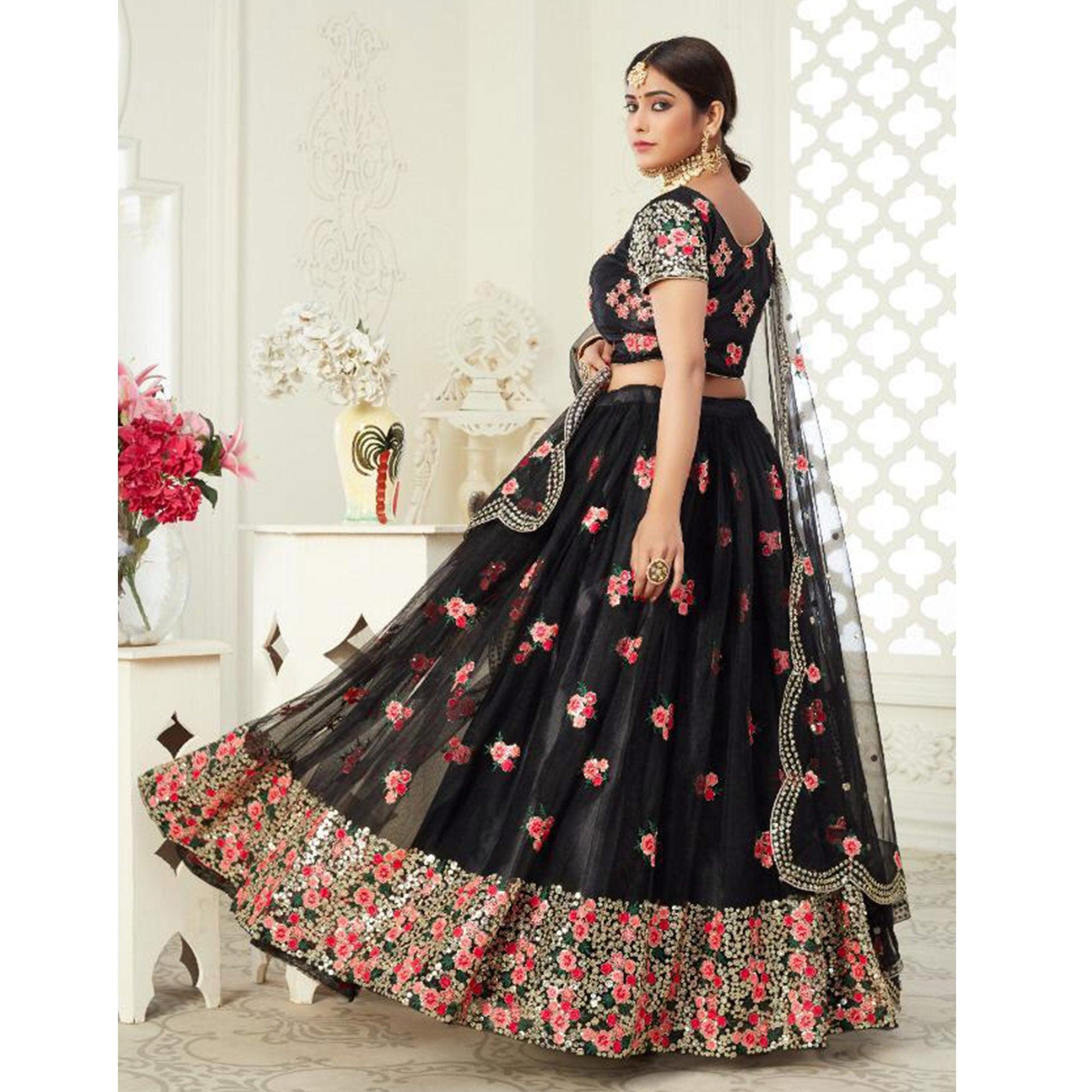 Glorious Black Colored Wedding Wear Thread Embroidered Heavy Net Lehenga Choli
