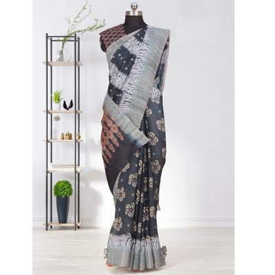 Glorious Black Coloured Casual Wear Printed Linen Saree