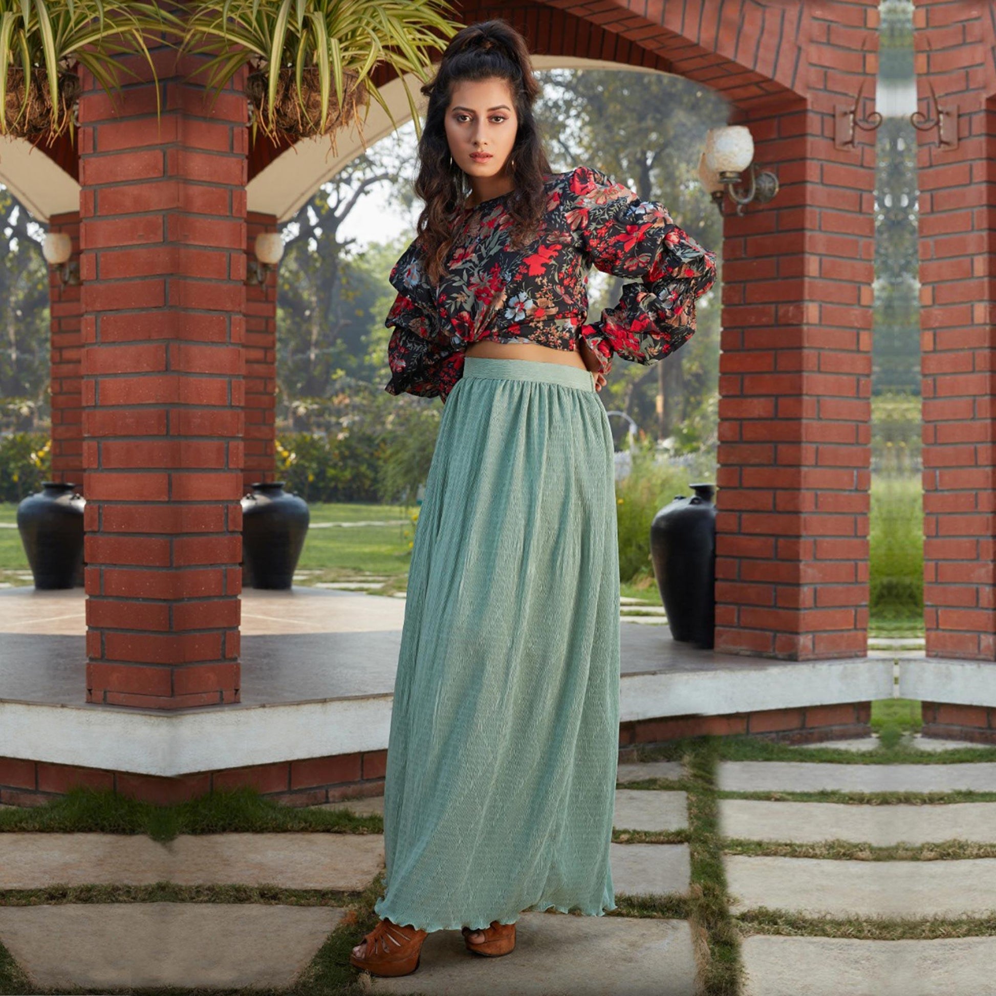 Glorious Black-Pista Green Colored Casual Wear Printed Western Crop Top - Skirt Set