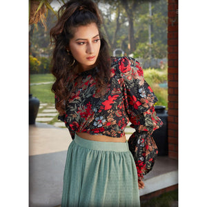 Glorious Black-Pista Green Colored Casual Wear Printed Western Crop Top - Skirt Set