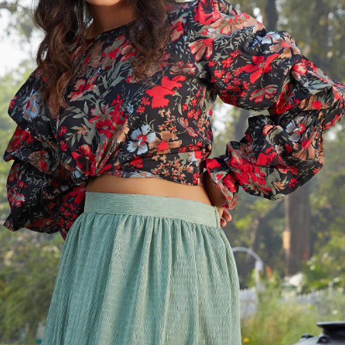 Glorious Black-Pista Green Colored Casual Wear Printed Western Crop Top - Skirt Set