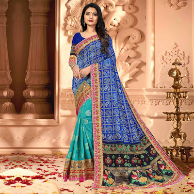 Glorious Blue & Turquoise Coloured Partywear Diamond Work Half & Half Art Silk Saree