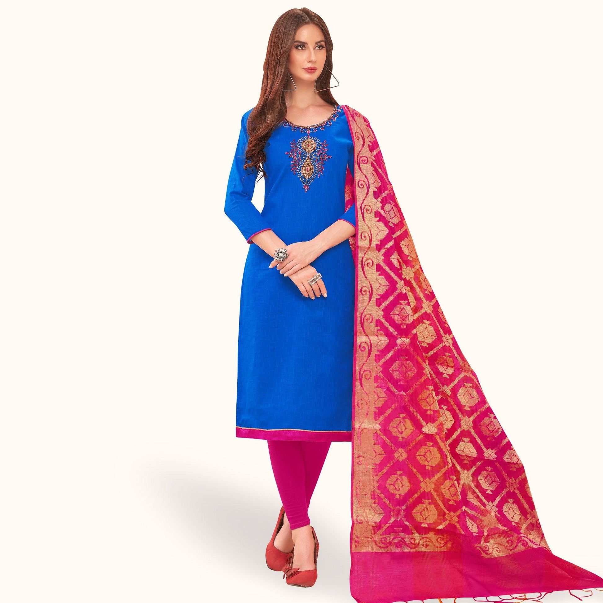 Glorious Blue Colored Casual Wear Embroidered Cotton Dress Material With Banarasi Silk Dupatta