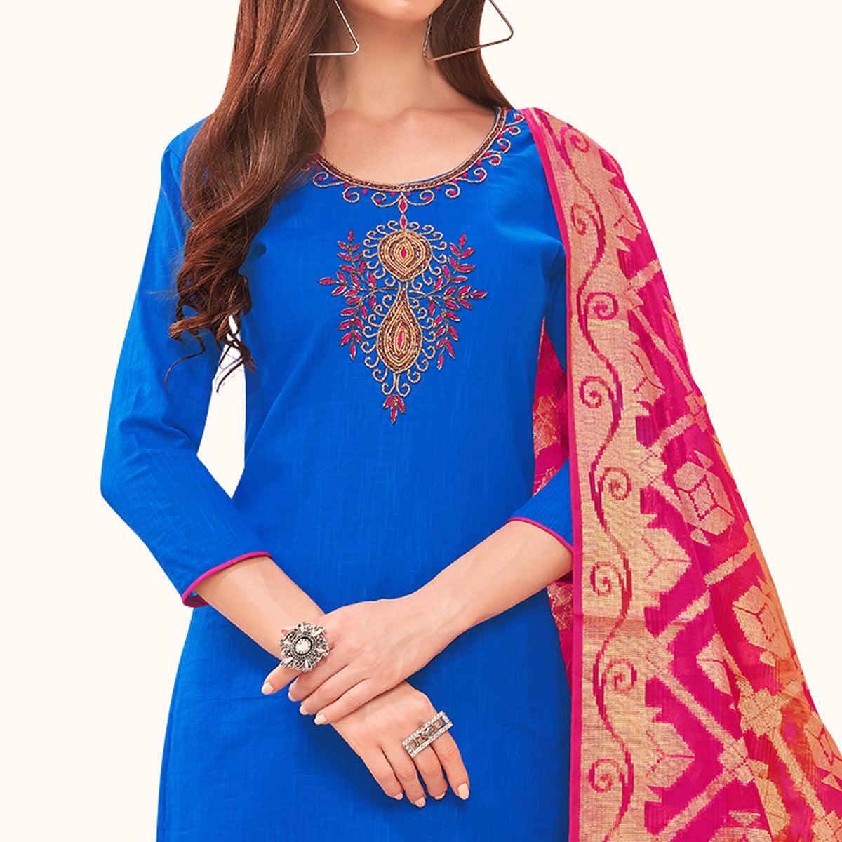 Glorious Blue Colored Casual Wear Embroidered Cotton Dress Material With Banarasi Silk Dupatta