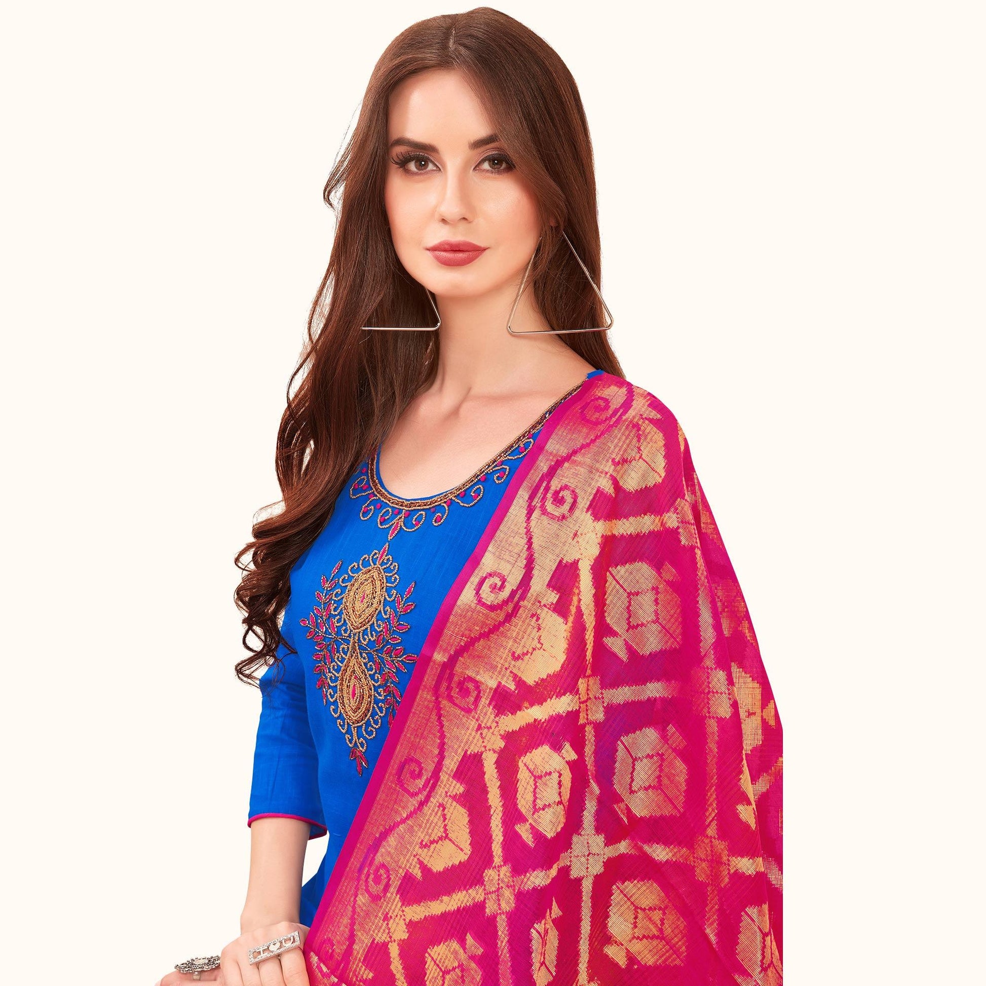 Glorious Blue Colored Casual Wear Embroidered Cotton Dress Material With Banarasi Silk Dupatta
