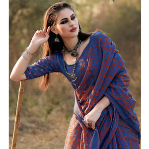 Glorious Blue Colored Casual Wear Printed Brasso Saree