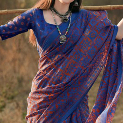 Glorious Blue Colored Casual Wear Printed Brasso Saree