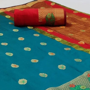 Glorious Blue Colored Festive Wear Woven Soft Silk Saree
