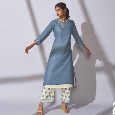Glorious Blue Colored Party Wear Embroidered Khadi Cotton Kurti-Palazzo Set