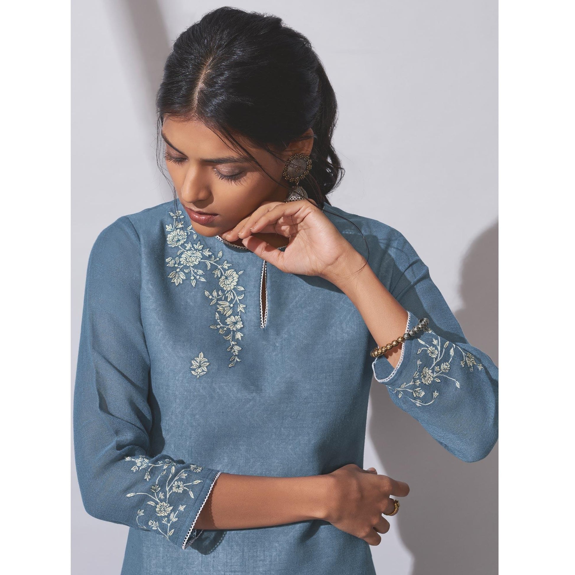 Glorious Blue Colored Party Wear Embroidered Khadi Cotton Kurti-Palazzo Set