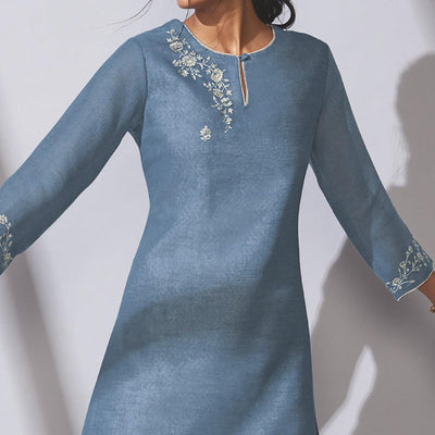 Glorious Blue Colored Party Wear Embroidered Khadi Cotton Kurti-Palazzo Set