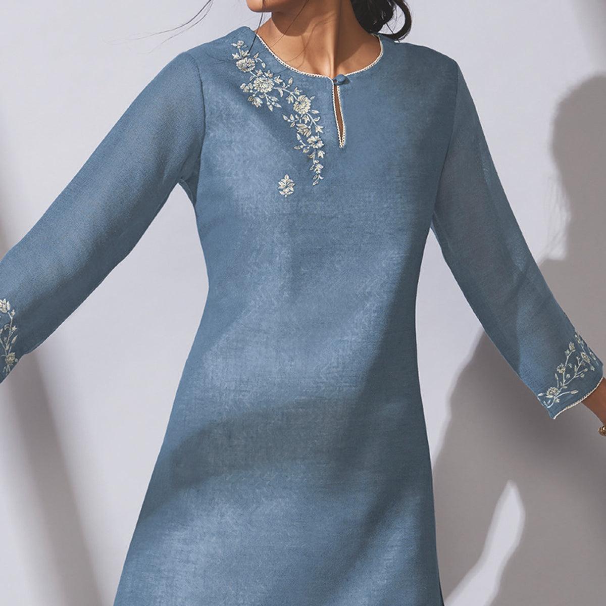 Glorious Blue Colored Party Wear Embroidered Khadi Cotton Kurti-Palazzo Set