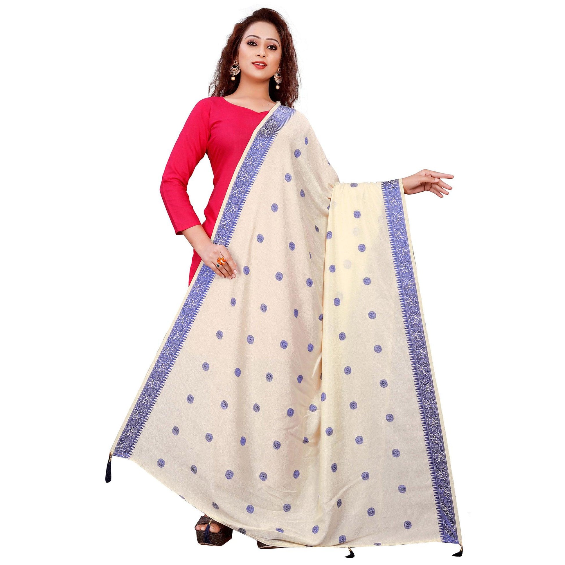Glorious Cream Colored Festive Wear Woven Art Silk-Viscose Dupatta With Tassels