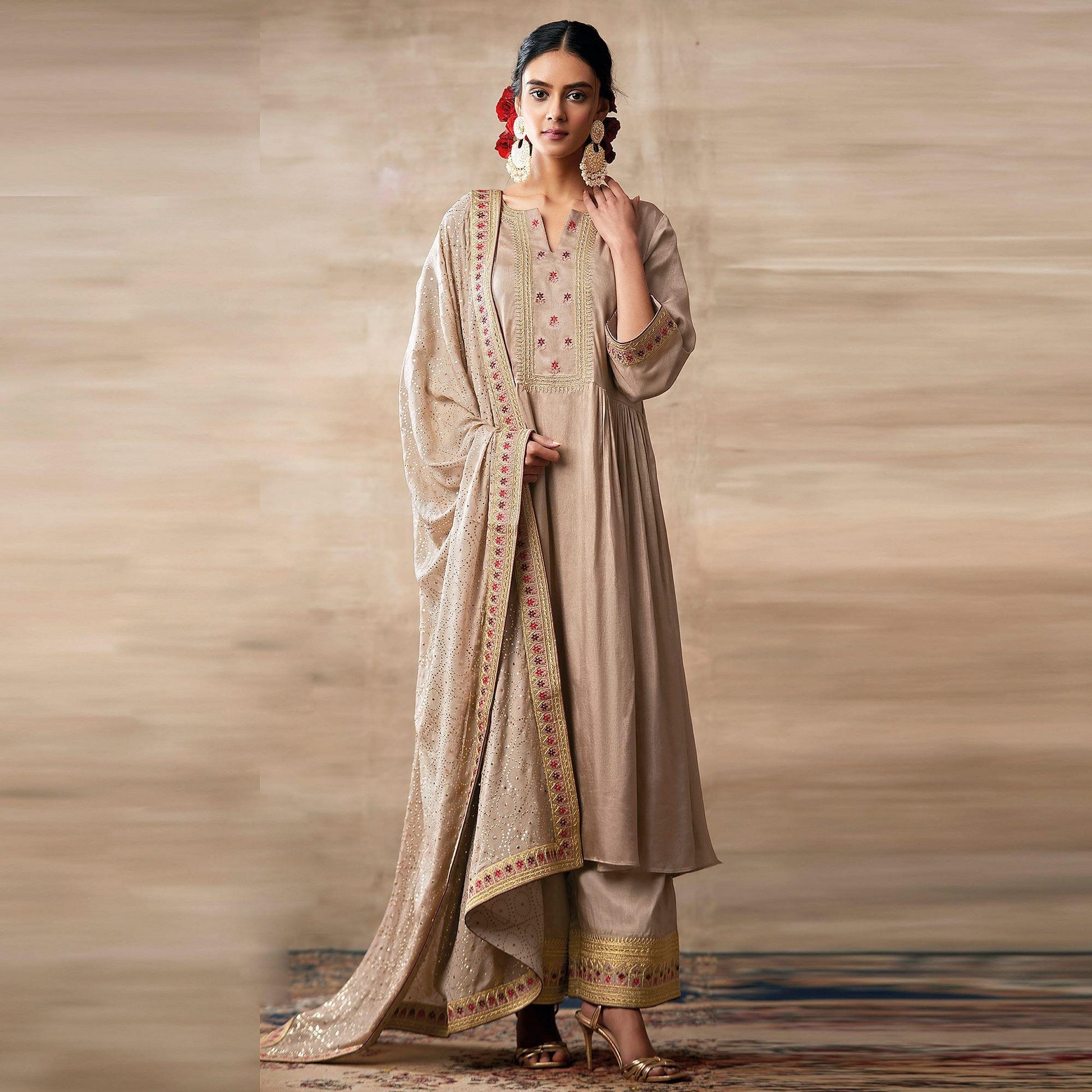 Glorious Cream Colored Partywear Designer Embroidery Heavy chinon Salwar Suit