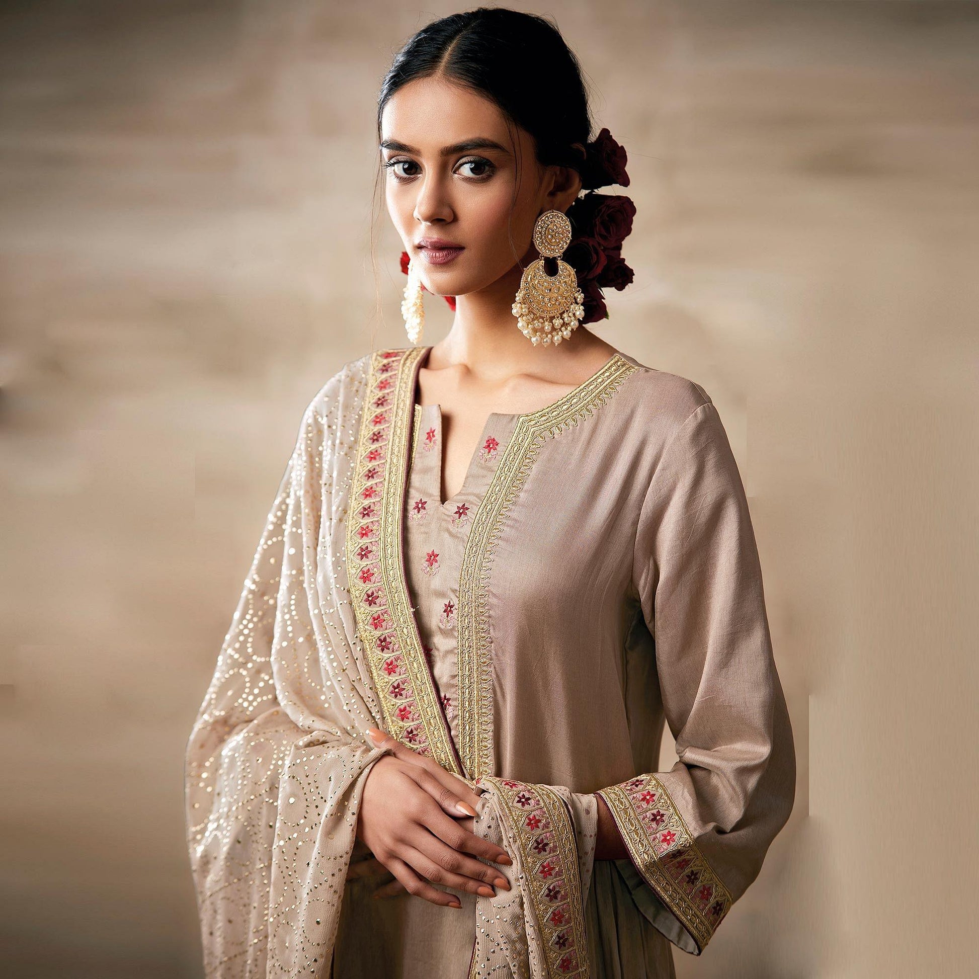 Glorious Cream Colored Partywear Designer Embroidery Heavy chinon Salwar Suit
