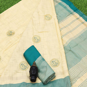 Glorious Cream -  Turquoise Colored Festive Wear Woven Cotton Art Silk Saree