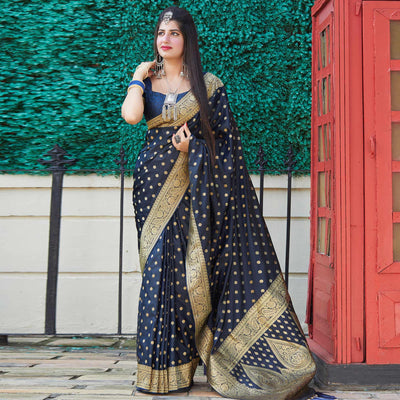 Glorious Dark Blue Colored Festive Wear Woven Banarasi Silk Saree