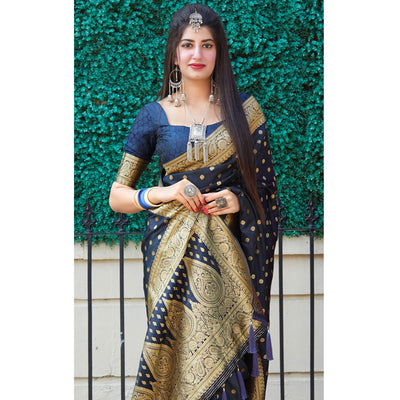 Glorious Dark Blue Colored Festive Wear Woven Banarasi Silk Saree