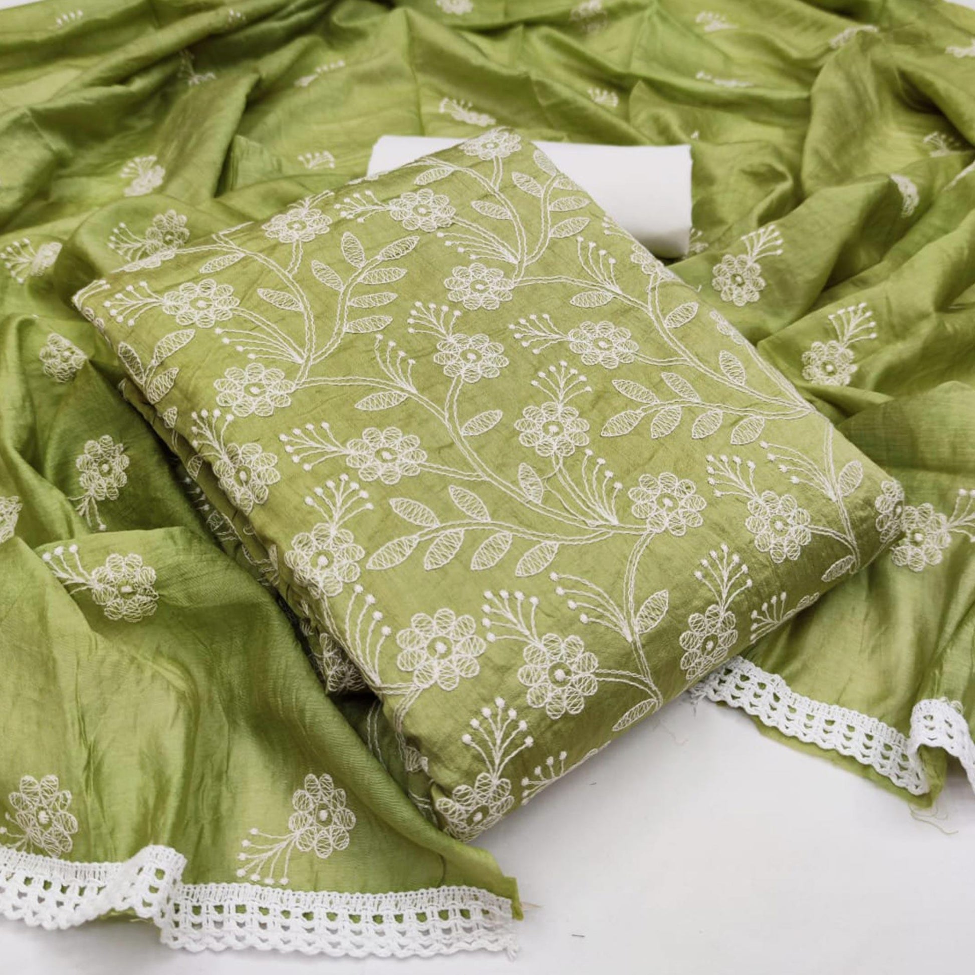 Glorious Green Colored Casual Wear Embroidered Chanderi Dywel Dress Material