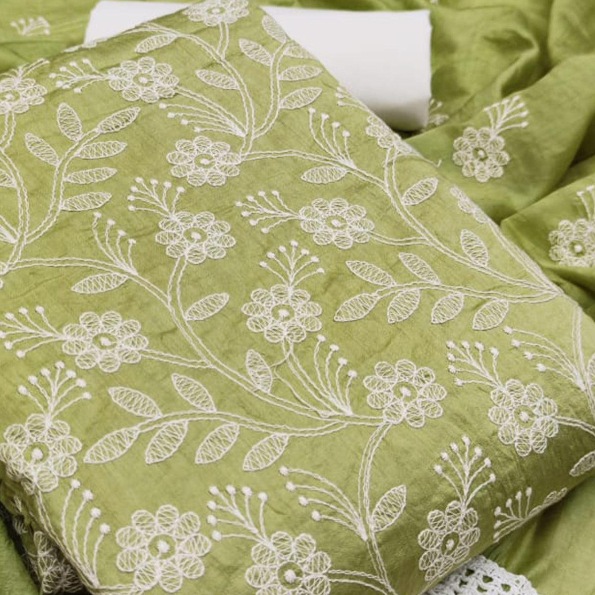 Glorious Green Colored Casual Wear Embroidered Chanderi Dywel Dress Material