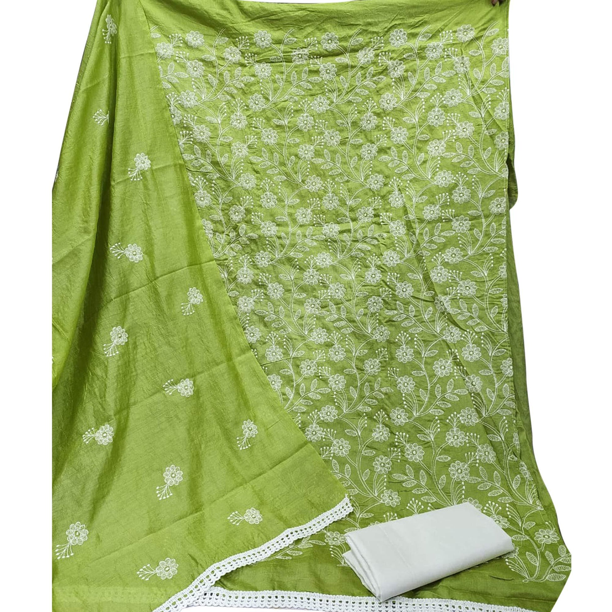Glorious Green Colored Casual Wear Embroidered Chanderi Dywel Dress Material