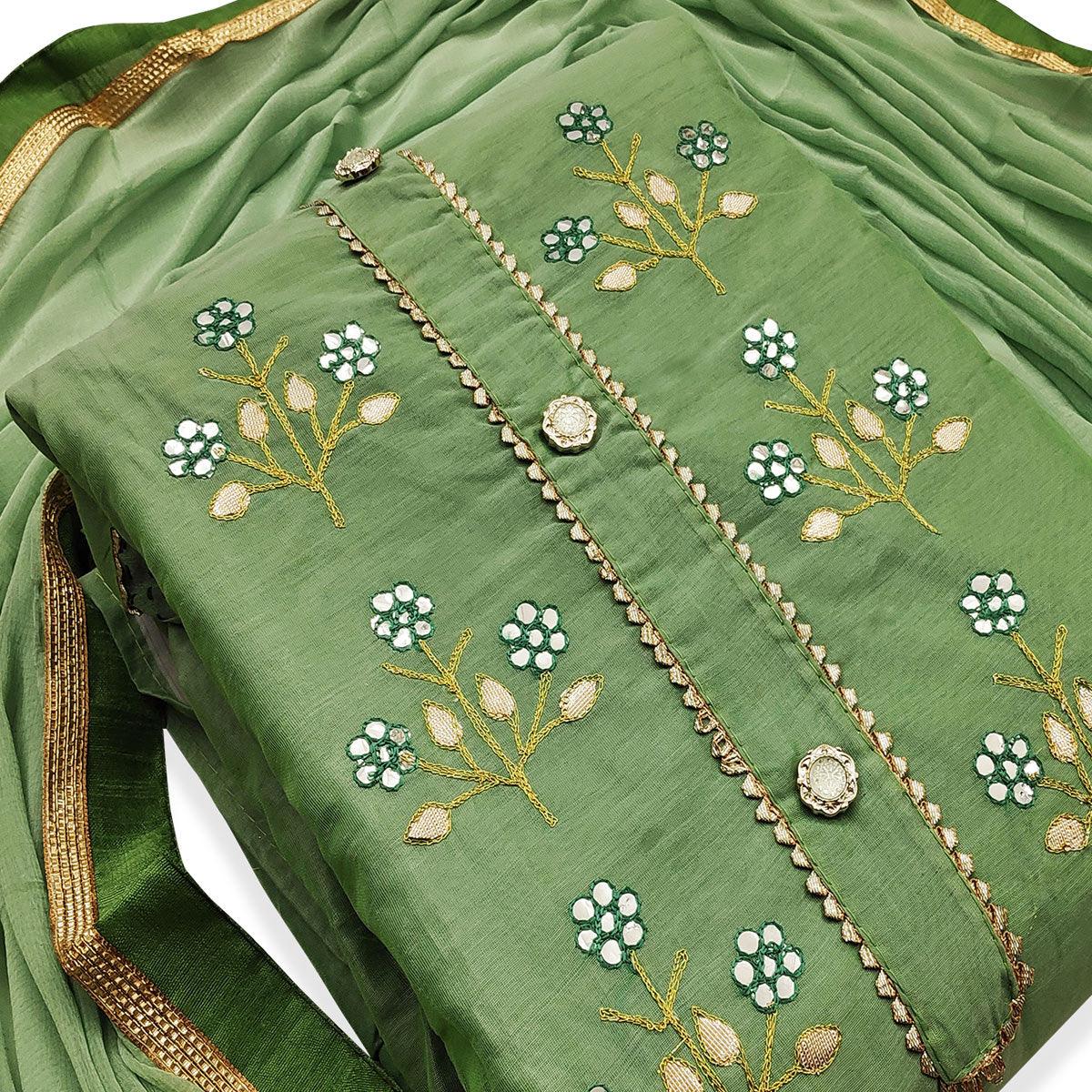 Glorious Green Colored Casual Wear Embroidered Modal Dress Material
