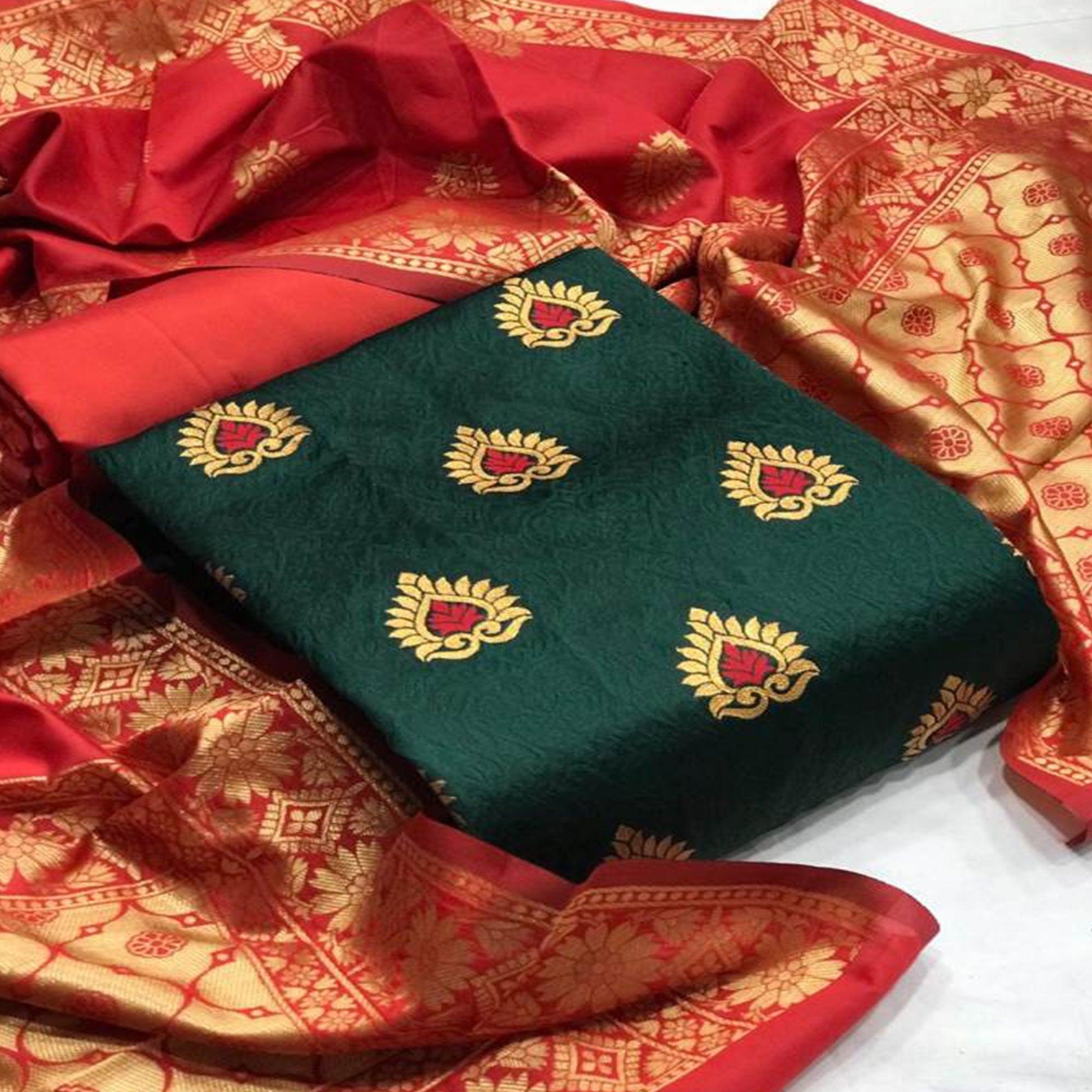 Glorious Green Colored Casual Wear Woven Banarasi Silk Dress Material