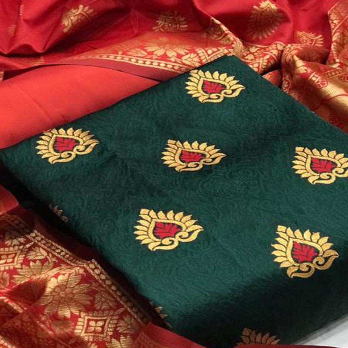 Glorious Green Colored Casual Wear Woven Banarasi Silk Dress Material