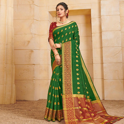 Glorious Green Colored Festive Wear Woven Cotton Saree