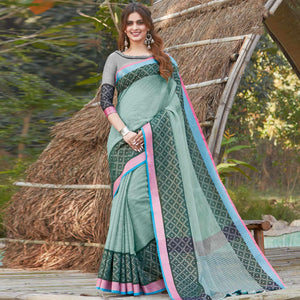 Glorious Green Colored Festive Wear Woven Linen Saree