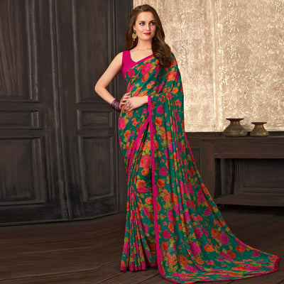 Glorious Green Coloured Casual Wear Printed Georgette Saree