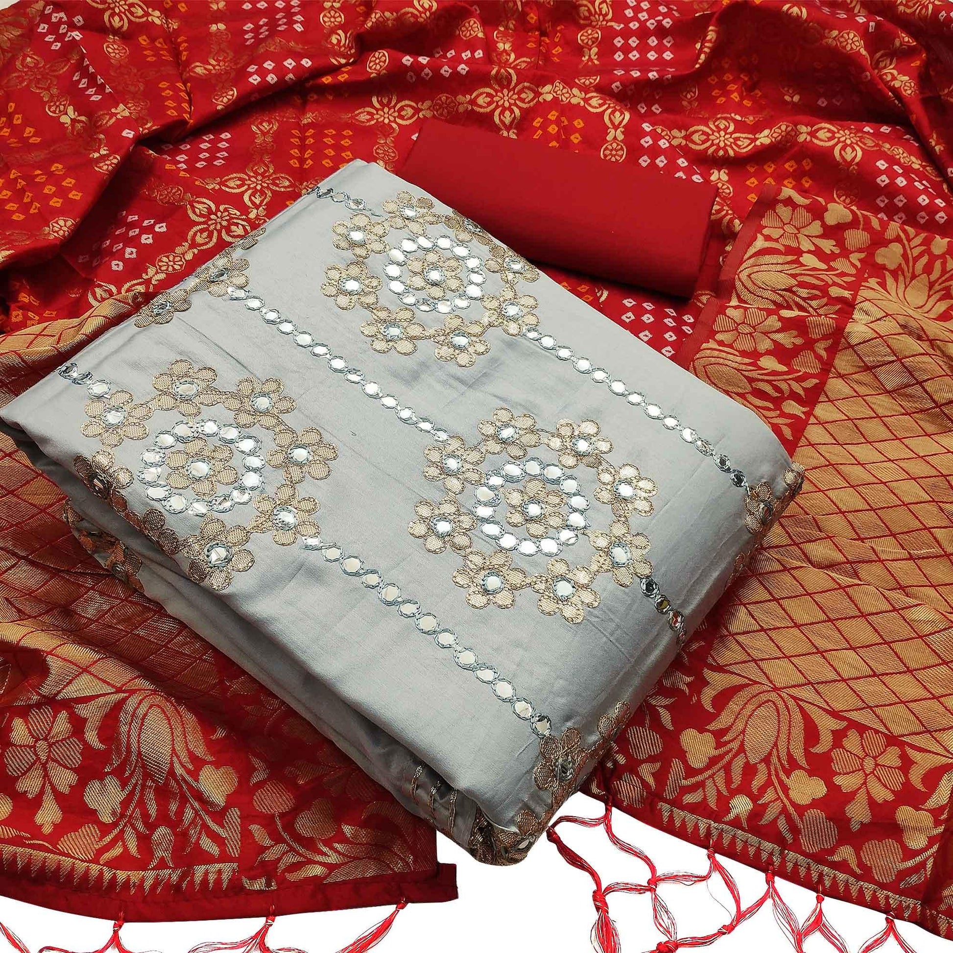 Glorious Grey Colored Festive Wear Embroidered Heavy Cotton Dress Material