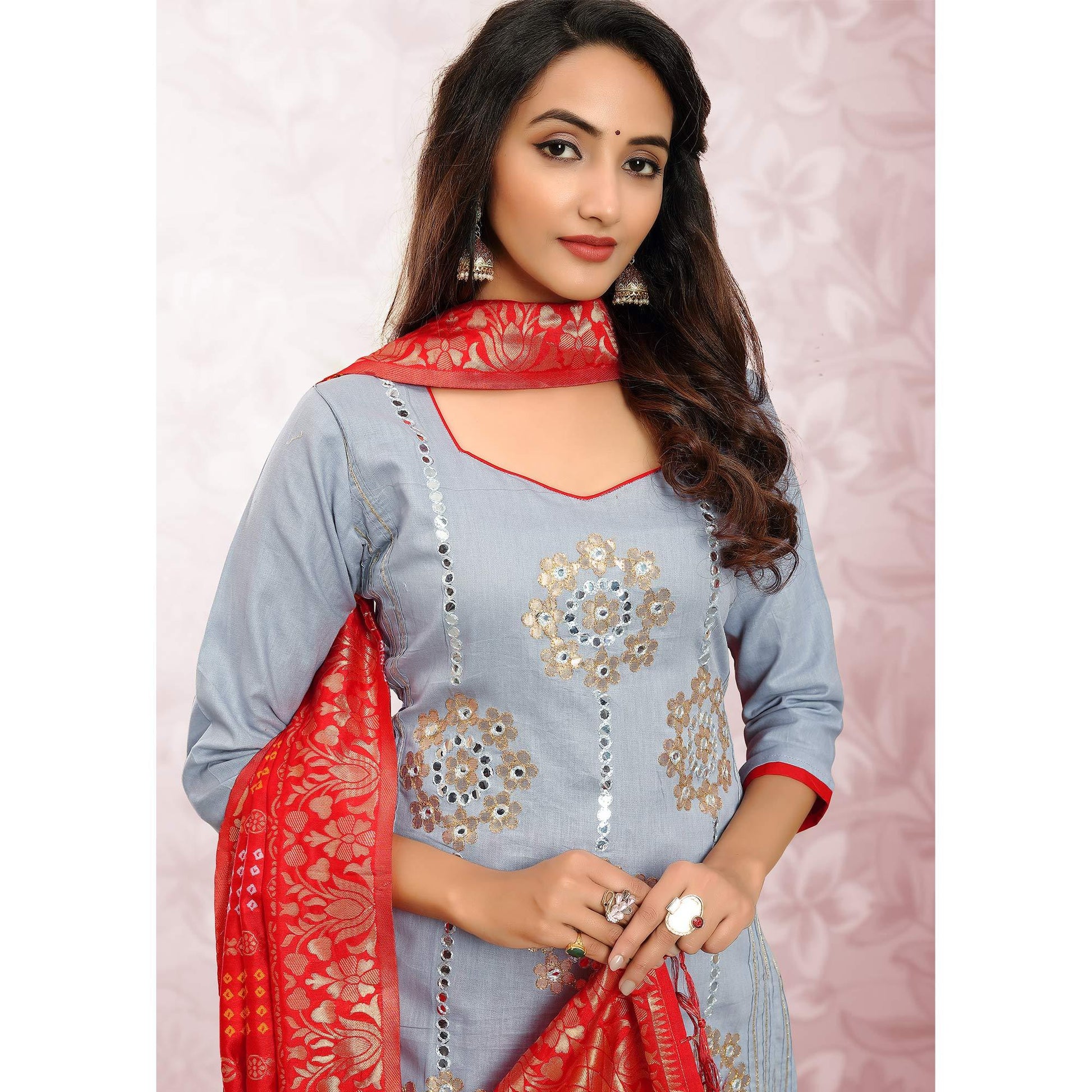 Glorious Grey Colored Festive Wear Embroidered Heavy Cotton Dress Material