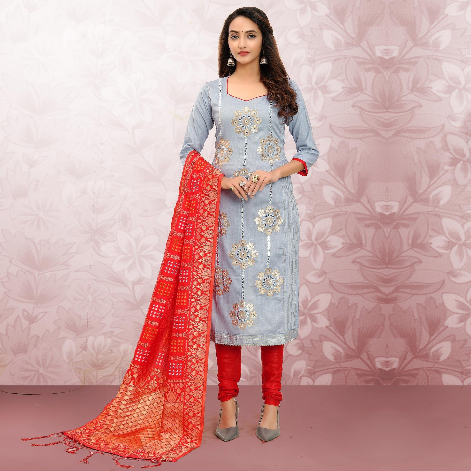 Glorious Grey Colored Festive Wear Embroidered Heavy Cotton Dress Material