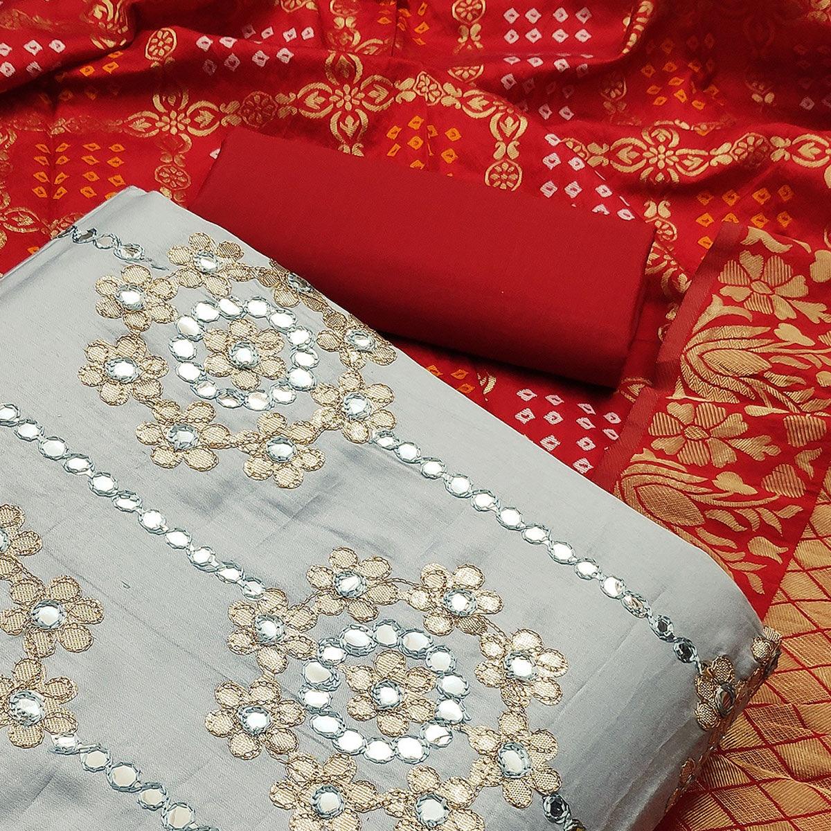 Glorious Grey Colored Festive Wear Embroidered Heavy Cotton Dress Material