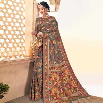 Glorious Grey Colored Festive Wear Woven Banarasi Silk Saree
