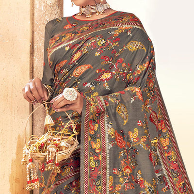 Glorious Grey Colored Festive Wear Woven Banarasi Silk Saree