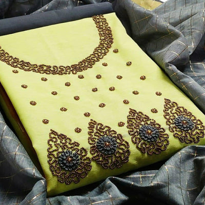 Glorious Lemon Yellow Colored Festive Wear Embroidered Chanderi Dress Material