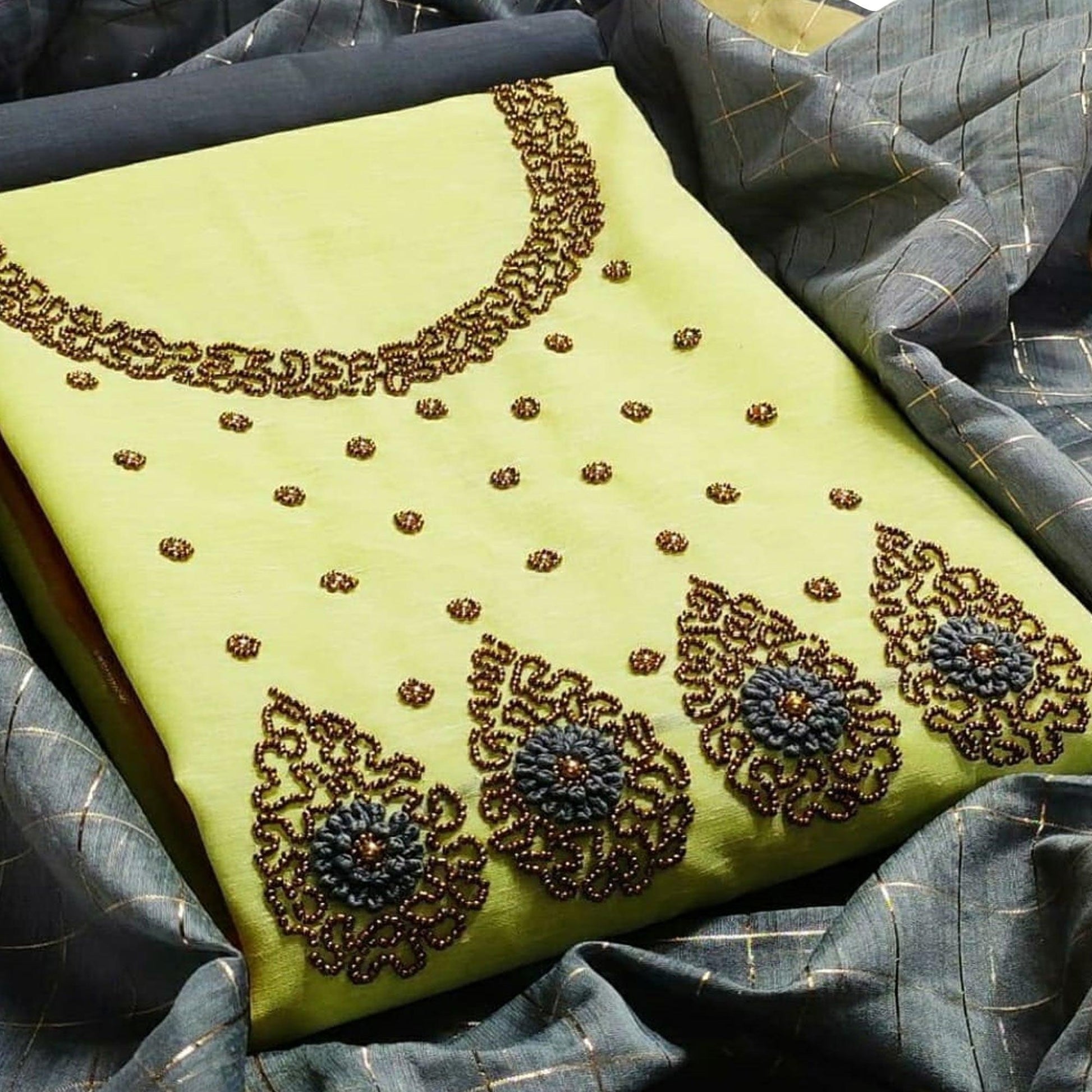 Glorious Lemon Yellow Colored Festive Wear Embroidered Chanderi Dress Material