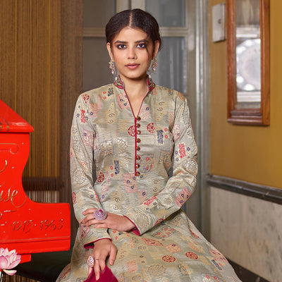 Glorious Light Brown Partywear Designer Handwork Jacquard Anarkali Suit