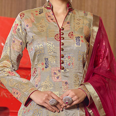 Glorious Light Brown Partywear Designer Handwork Jacquard Anarkali Suit