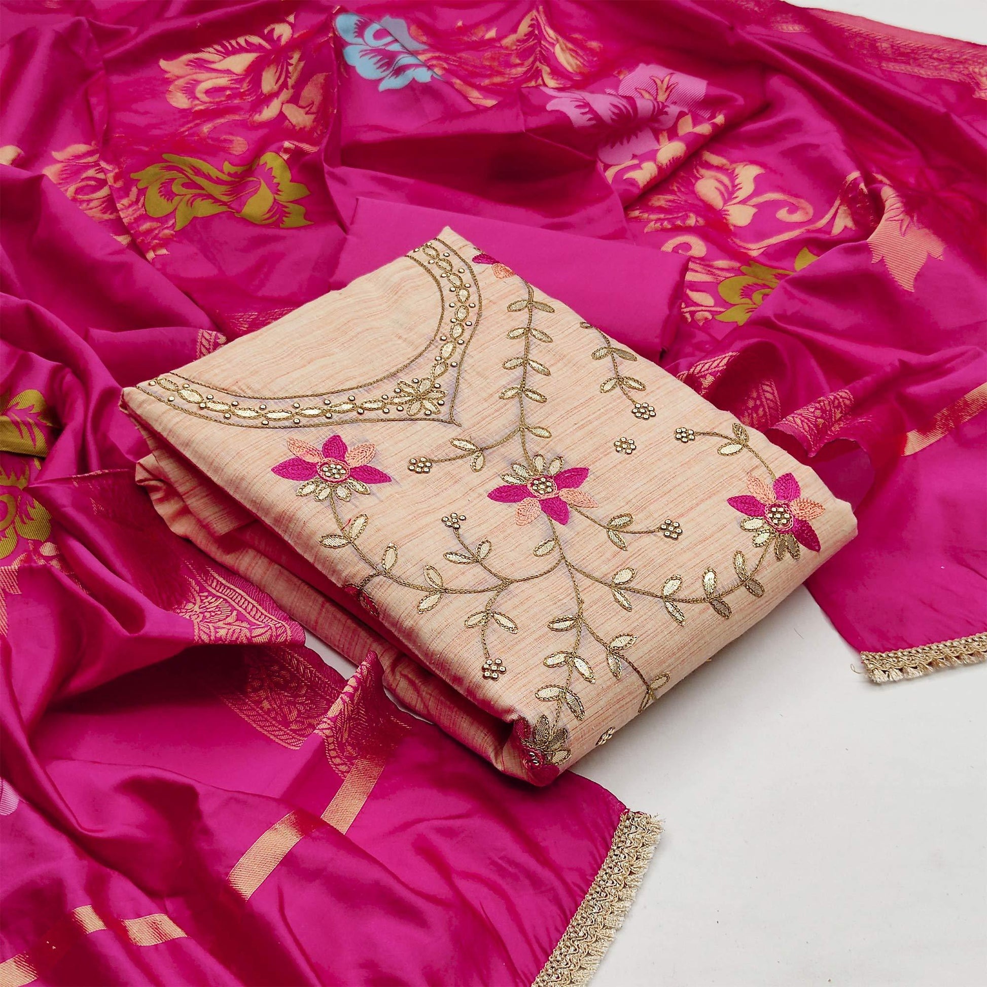 Glorious Light Peach Colored Festive Wear Embroidered Handloom Cotton Dress Material