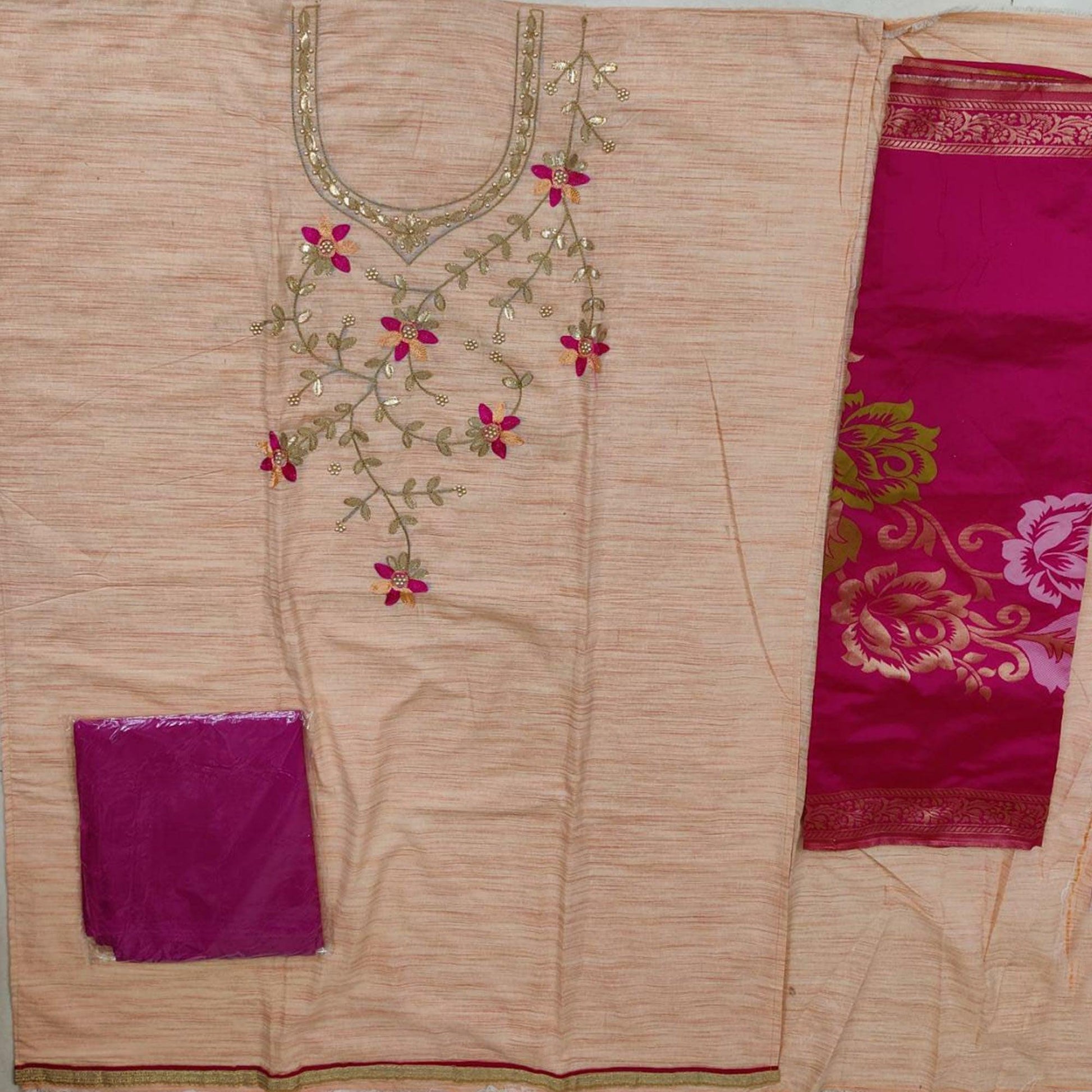 Glorious Light Peach Colored Festive Wear Embroidered Handloom Cotton Dress Material